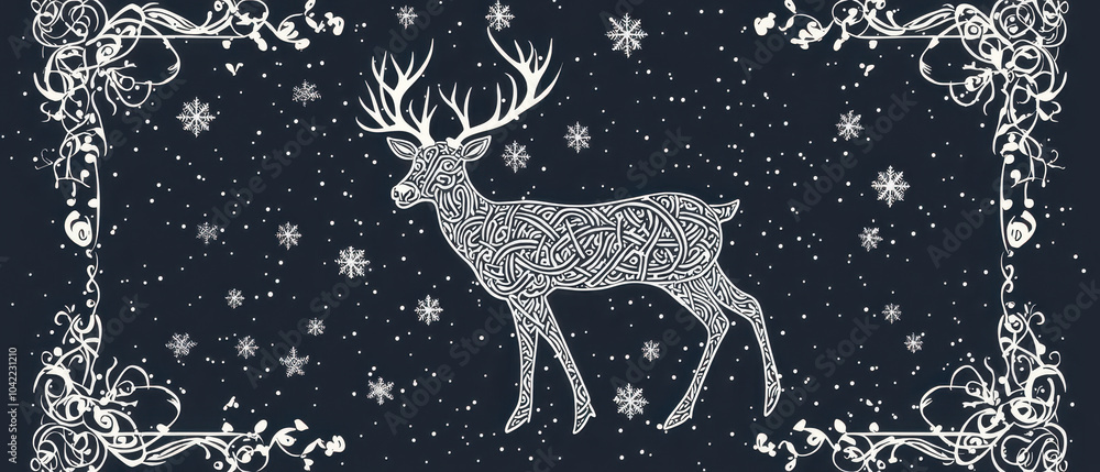 A stylized illustration of a deer surrounded by snowflakes, set against a dark background, framed with decorative elements. A stylized illustration of a deer surrounded by snowflakes, set against a dark background, framed with decorative elements.