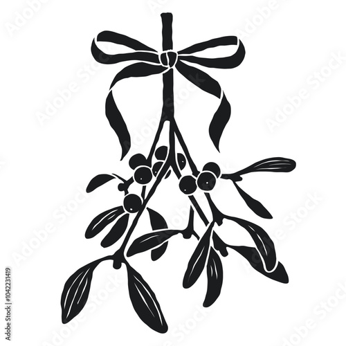 Mistletoe branch with berries and ribbon bow in black silhouette isolated on white background. Christmas holiday decoration illustration. Design for greeting card, poster, and print.