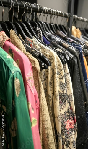 Colorful patterned clothing hangs on hangers.