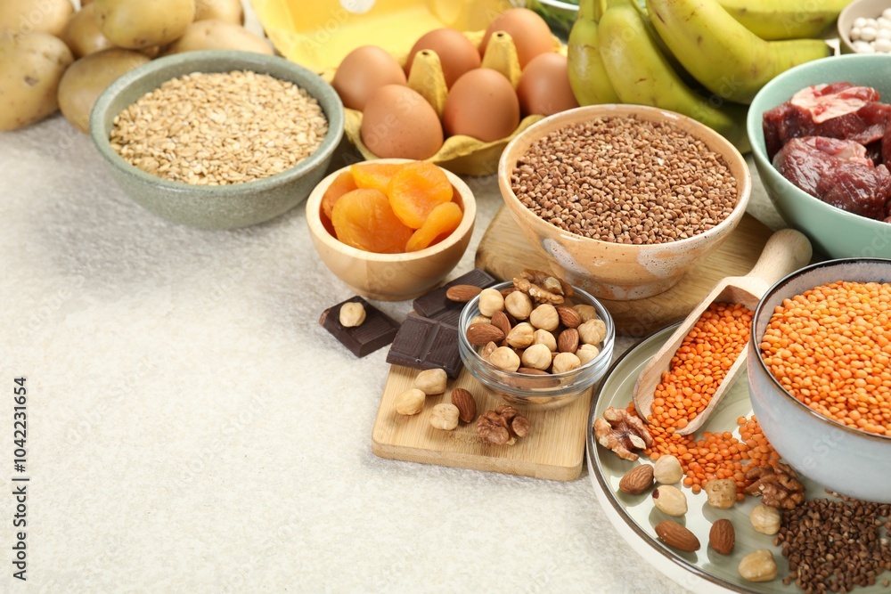 Different products rich in iron on light table, space for text. Anemia diet plan Different products rich in iron on light table, space for text. Anemia diet plan