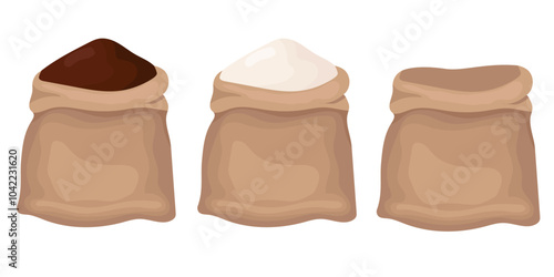 A bag of cocoa and a bag of flour. Cocoa  and flour. Large bags of cocoa and flour.