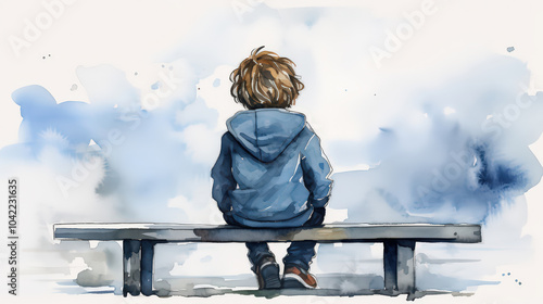 waterclour Close up Back view a child boy sitting on bench  in Deep Thought  in  park