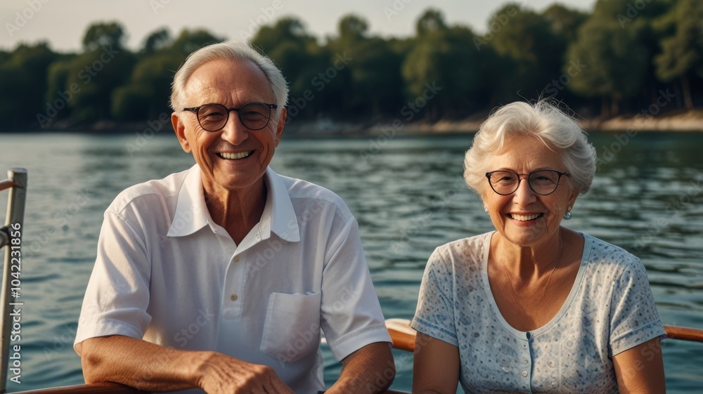 Happy elderly couple enjoying a holiday on a boat at sea.