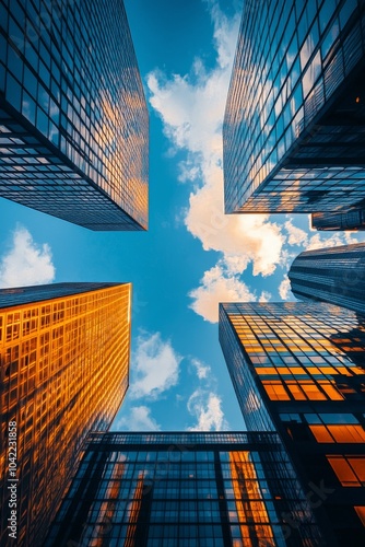Skyscrapers reaching for the blue sky in a vibrant urban landscape during day...