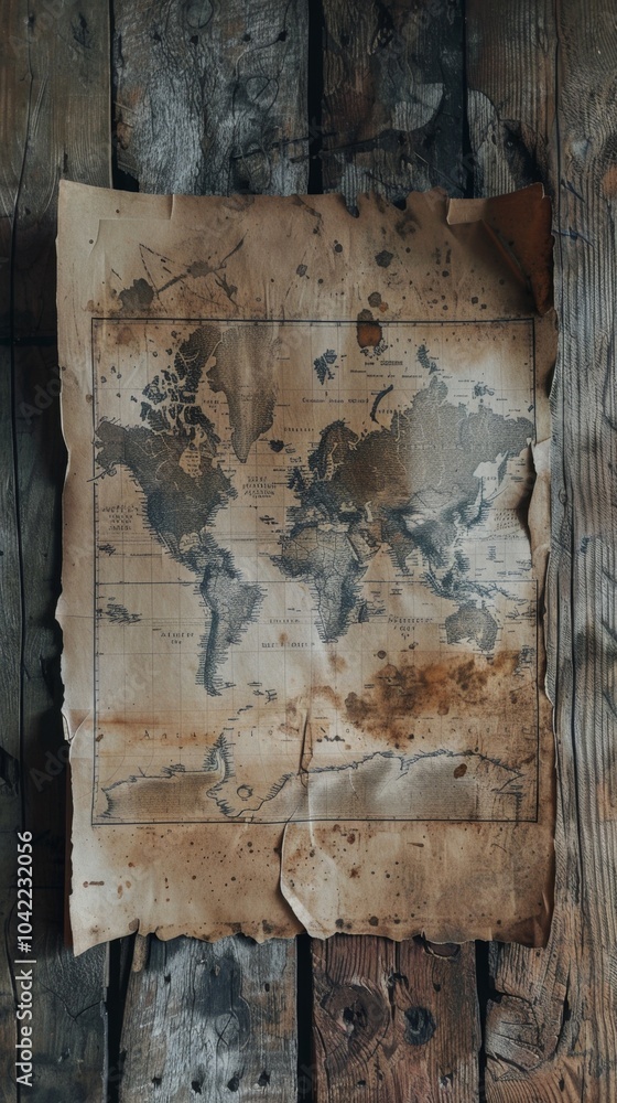 A map of the world is on a wooden surface A map of the world is on a wooden surface