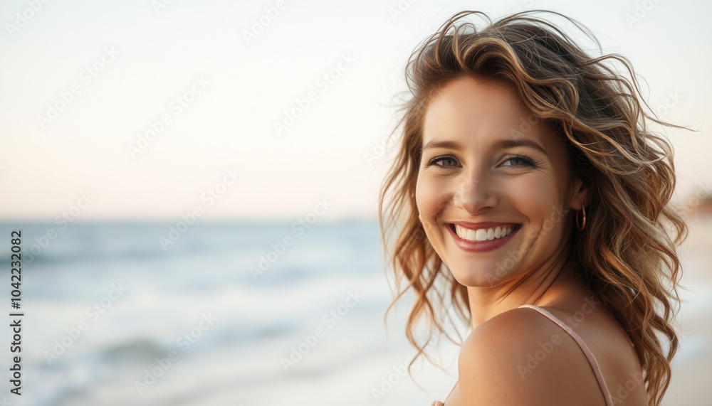 A smiling woman with curly hair enjoys a serene beach sunset while gazing at the ocean waves in a coastal setting A smiling woman with curly hair enjoys a serene beach sunset while gazing at the ocean waves in a coastal setting