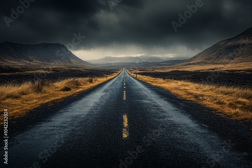Dark and moody landscape with a winding road leading to distant mountains on ...