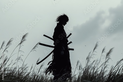 A lone warrior stands in tall grass under a moody sky at dusk with swords in ...