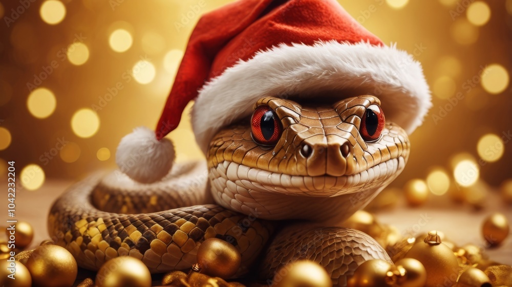 Snake wearing a red Christmas hat against a golden Christmas bokeh background