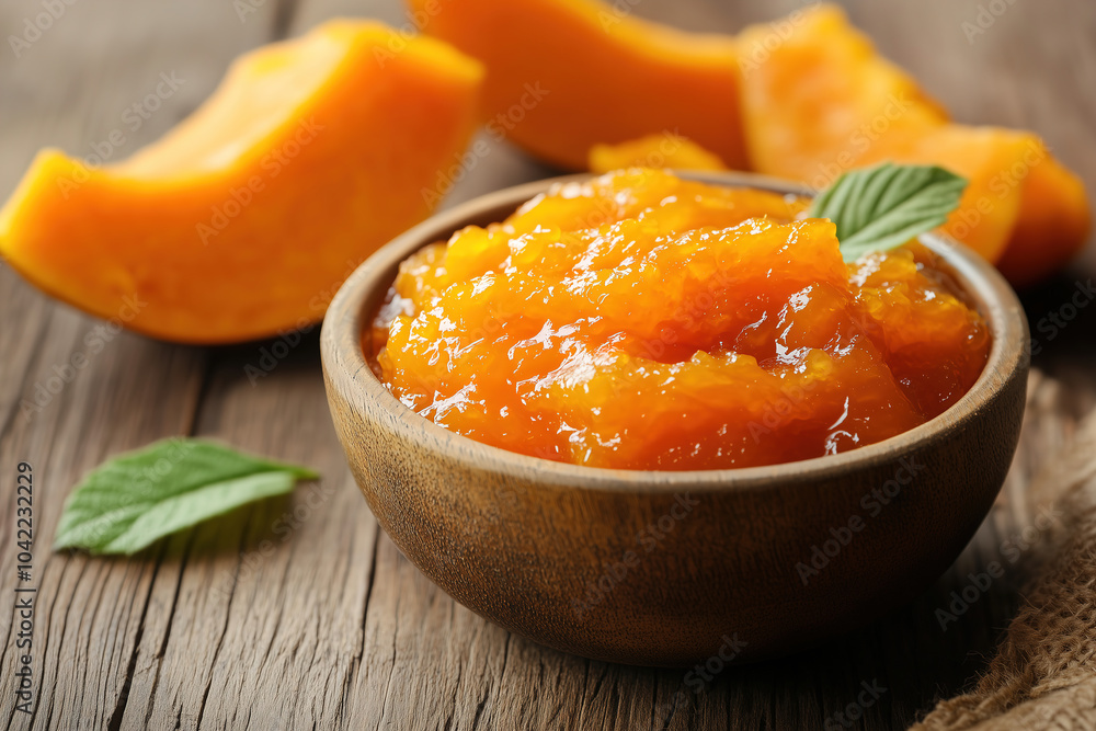 Bright orange pumpkin puree served in a rustic bowl with fresh mint leaves and pumpkin slices on a wooden table. Generative AI Bright orange pumpkin puree served in a rustic bowl with fresh mint leaves and pumpkin slices on a wooden table. Generative AI