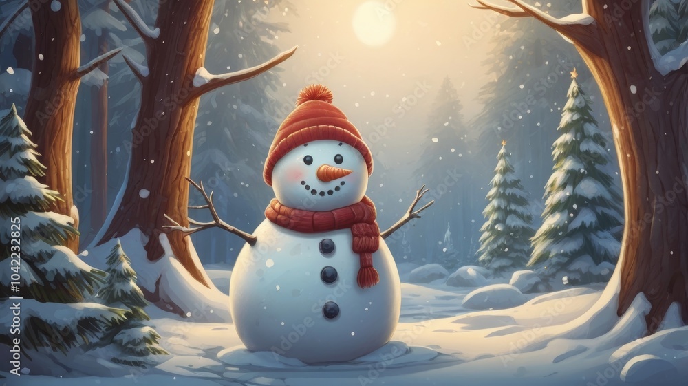 Happy cartoon snowman standing in a winter Christmas landscape. Merry Christmas and Happy New Year card with copy space. Snow background