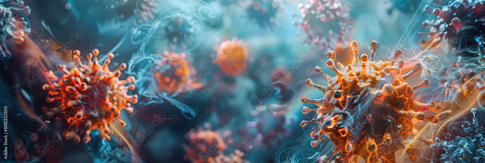 Two viruses are shown in a close up, one red and one blue. The red virus is surrounded by a lot of smaller viruses, while the blue virus is surrounded by a few smaller viruses Two viruses are shown in a close up, one red and one blue. The red virus is surrounded by a lot of smaller viruses, while the blue virus is surrounded by a few smaller viruses