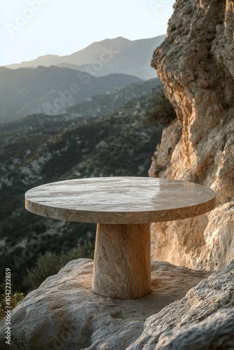 Scenic overlook with a circular stone table amidst hills and valleys at sunse...