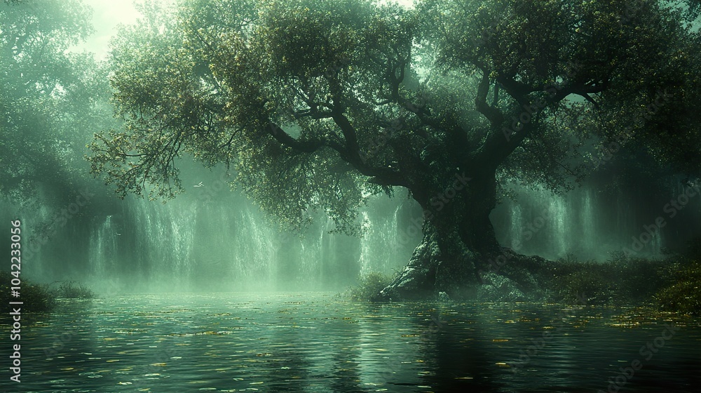Enchanted Forest: Misty Morning with Ancient Tree and Waterfalls Enchanted Forest: Misty Morning with Ancient Tree and Waterfalls