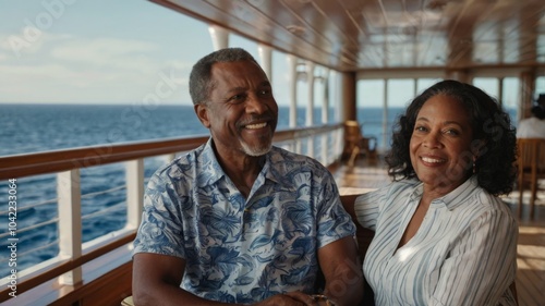Cheerful elderly black couple enjoying a holiday on a boat at sea.