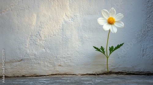 A single daisy standing tall on a white background with soft natural light il...