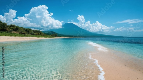 Calm coastal landscape featuring clear waters and a distant mountain range on...