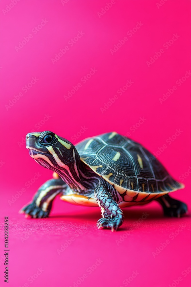 Fototapeta premium A turtle poses on a vibrant pink background in a well lit indoor setting during daylight hours