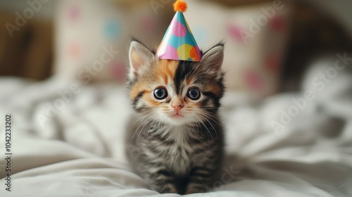 Adorable kitten wearing a colorful party hat at a festive indoor celebration ...