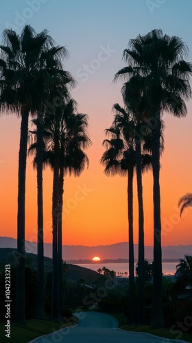 Sunset view through palm trees along a coastal road in California during gold...