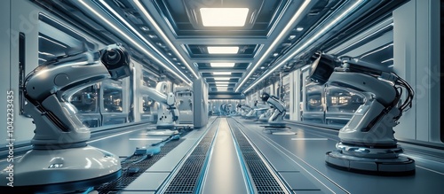 A long corridor with rows of robotic arms on either side, futuristic factory interior.