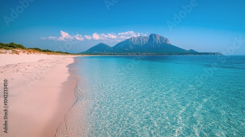 Calm coastal landscape featuring clear waters and a distant mountain range on...