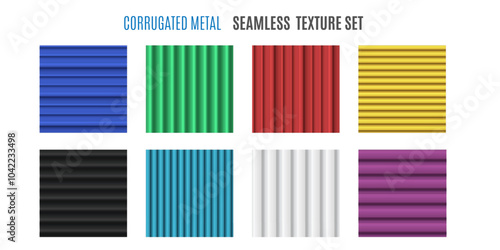 Corrugated metal background different colors and patterns vector set, profiled and striped waves surface lines texture