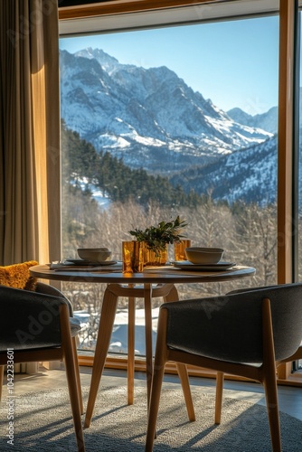 Cozy dining area with a stunning mountain view in a winter landscape during d...