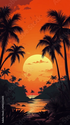 Sunset view through palm trees along a coastal road in California during gold...