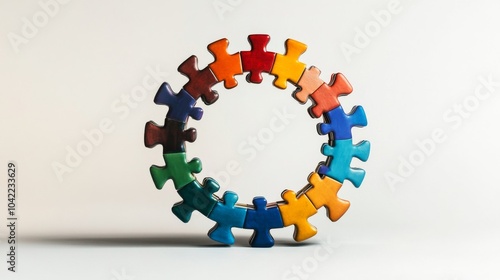 A wheel made of diverse puzzle pieces, Representing the interconnectedness and functionality of diverse contributions, minimalist composition