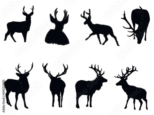 Deer silhouttes Illustration Set, Black and White Silhouettes. Collection of Different Deer Poses, Perfect for Logo, Design, and More.