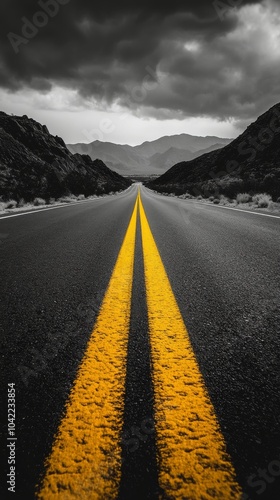 A winding road cuts through rocky mountains under an overcast sky