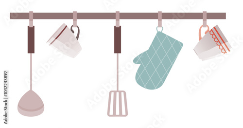 Kitchen cook tools and restaurant equipment hanging on hooks. Kitchen interior, shelf with kitchenware elements and utensil, vector illustration. Cups, potholder, spatula, spoon and other accessories