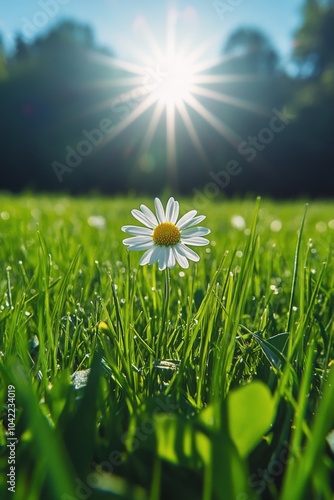 A single daisy blooms in a lush green field at sunset, surrounded by soft gra...