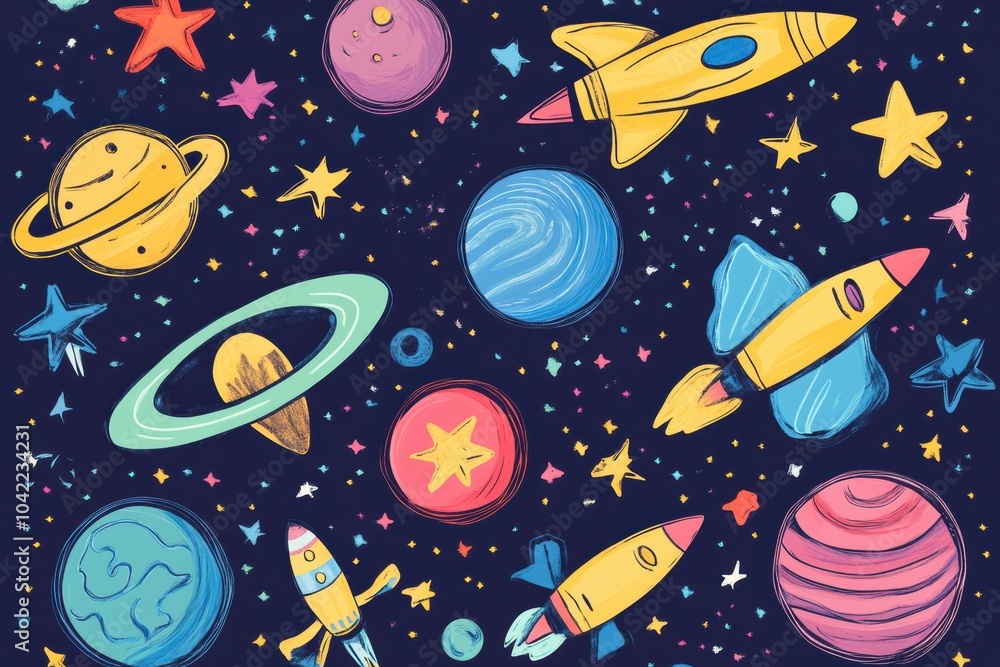 A collection of cosmic doodles showcases vibrant planets, whimsical rockets, stars, and asteroids in a dark space-themed setting. Generative AI A collection of cosmic doodles showcases vibrant planets, whimsical rockets, stars, and asteroids in a dark space-themed setting. Generative AI