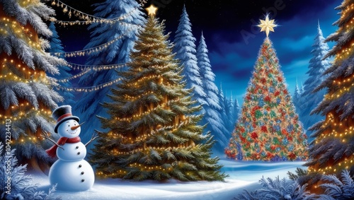 Obraz na płótnie Merry christmas and happy new year greeting card with copy-space.Happy snowman standing in winter christmas landscape.Snow background w salonie