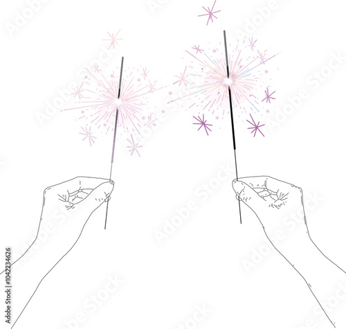 Bengal fire set drawing Birthday clip art festive greeting cards hands holding sparkler. Small firework on stick Happy New Year party invitation firework illustration Magic wand accessory colorful art