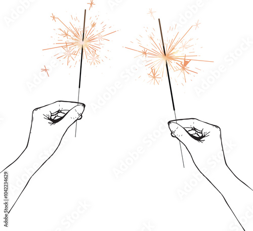 Bengal fire set drawing Birthday clip art festive greeting cards hands holding sparkler. Small firework on stick Happy New Year party invitation firework illustration Magic wand accessory colorful art