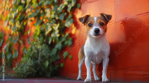 A small dog stands next to a vibrant turquoise wall surrounded by greenery in...