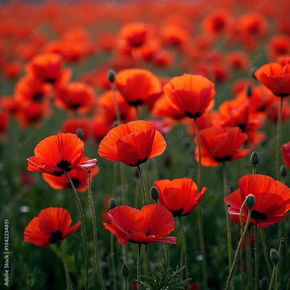 Obraz premium Vibrant red poppies against lush green stems creating a bold floral background