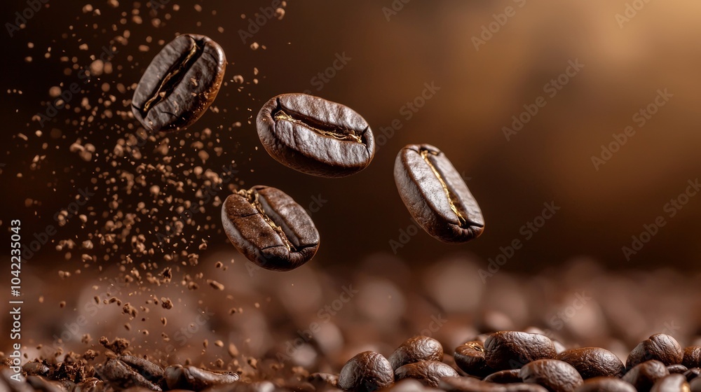 Close-up of Roasted Coffee Beans Mid-Air Close-up of Roasted Coffee Beans Mid-Air