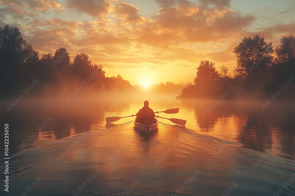 Rowers gliding across serene waters at sunset Rowers gliding across serene waters at sunset