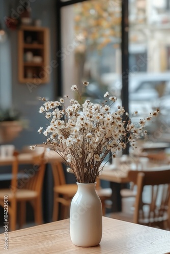 A cozy cafe interior featuring a vase of dried flowers at a wooden table in a...
