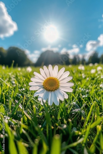 A single daisy blooms in a lush green field at sunset, surrounded by soft gra...