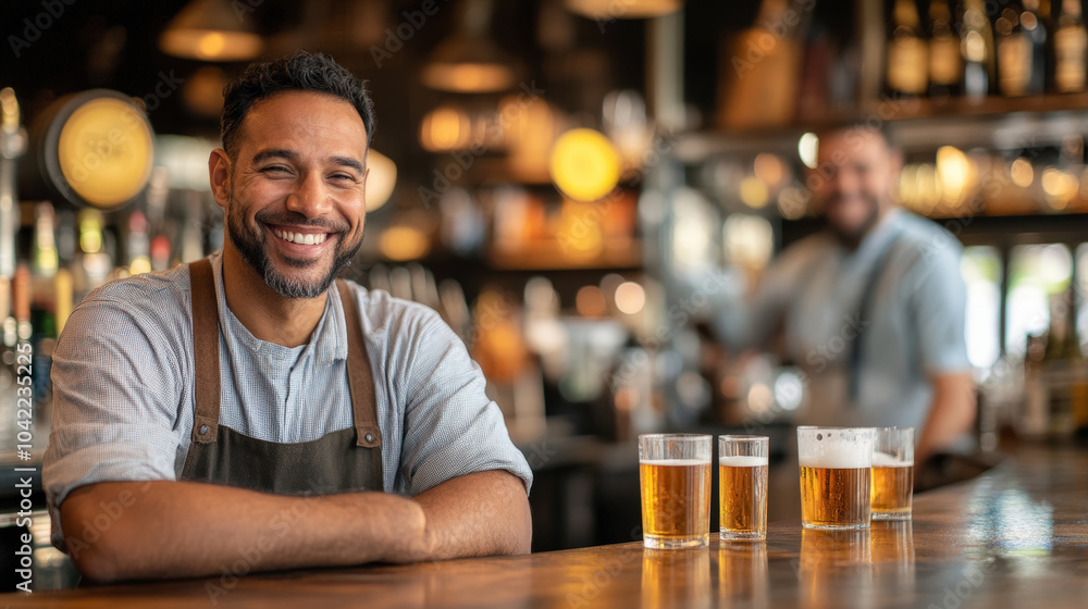 A smiling bartender stands behind a bar with three glasses of beer, creating a welcoming atmosphere in a cozy, warmly lit pub. A smiling bartender stands behind a bar with three glasses of beer, creating a welcoming atmosphere in a cozy, warmly lit pub.
