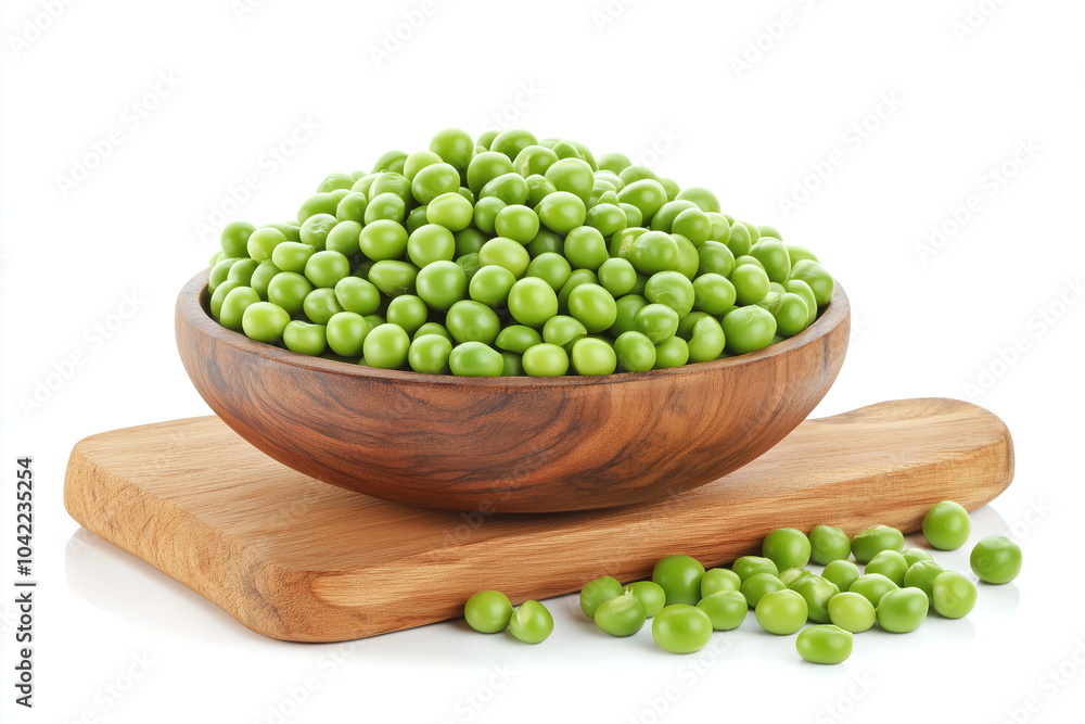 Freshly harvested green peas in a wooden bowl on a cutting board, ready for cooking or serving. Generative AI Freshly harvested green peas in a wooden bowl on a cutting board, ready for cooking or serving. Generative AI