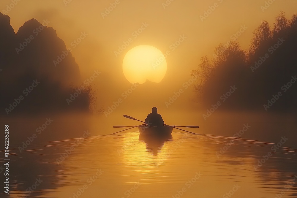 Rowers gliding across serene waters at sunset Rowers gliding across serene waters at sunset
