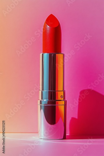 A vibrant red lipstick stands elegantly against a vivid pink backdrop in a mi...