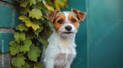 A small dog stands next to a vibrant turquoise wall surrounded by greenery in...