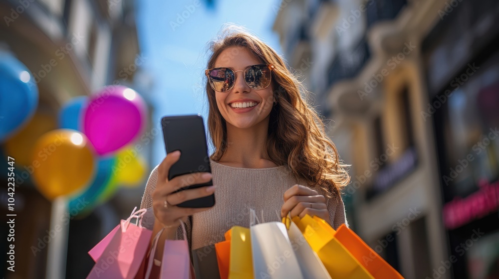 Happy young woman with shopping bags using smartphone in urban setting. Happy young woman with shopping bags using smartphone in urban setting.